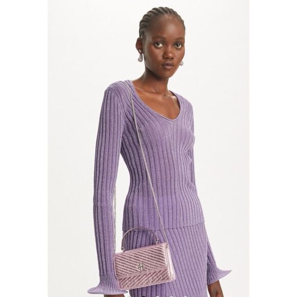 TORY BURCH MINI KIRA MOTO QUILT METALLIC TOP-HANDLE CROSSBODY, SPARKLE PINK - Picture 10 of 12